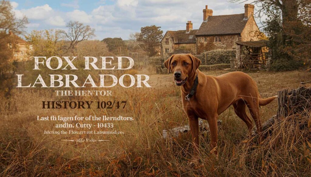 Fox Red Labrador standing in a countryside hunting environment with natural scenery