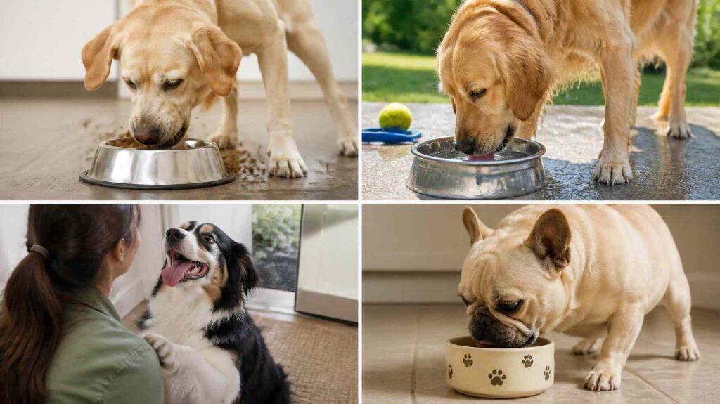 Dog eating quickly, drinking rapidly, panting, and a flat-faced dog illustrating common causes of swallowed air.