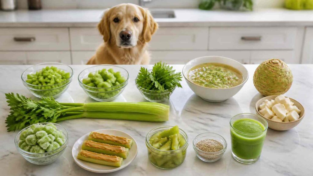 Comparison of fresh celery, steamed celery, celery leaves, frozen celery, celery salt, celery juice, soup, and celeriac displayed on a kitchen counter.