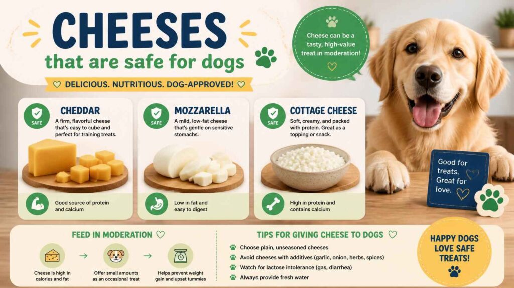 Different cheese types including cheddar and mozzarella displayed beside a cute dog for safe dog cheese guide