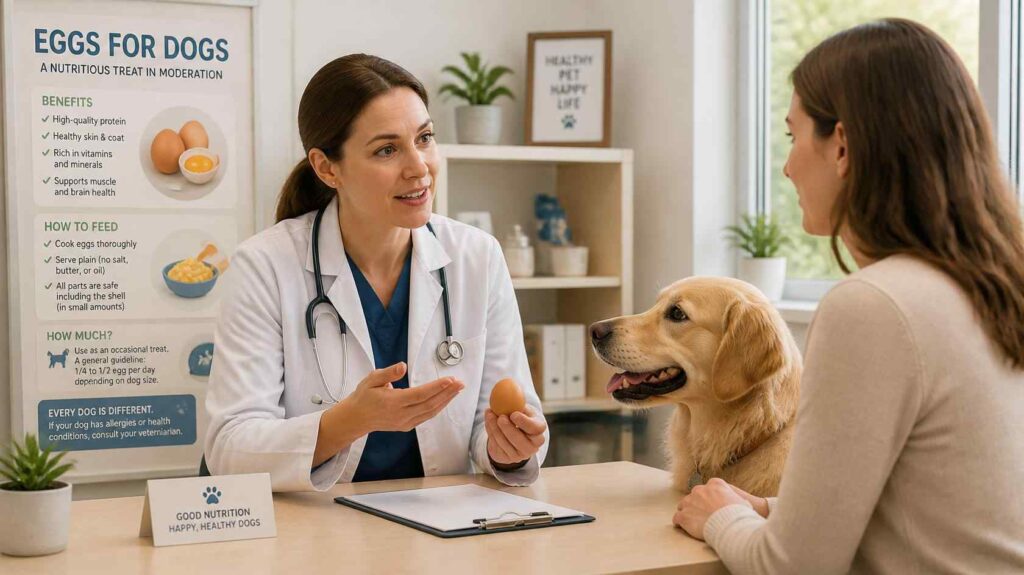 Dog owner discussing egg feeding concerns with a veterinarian in a calm setting
