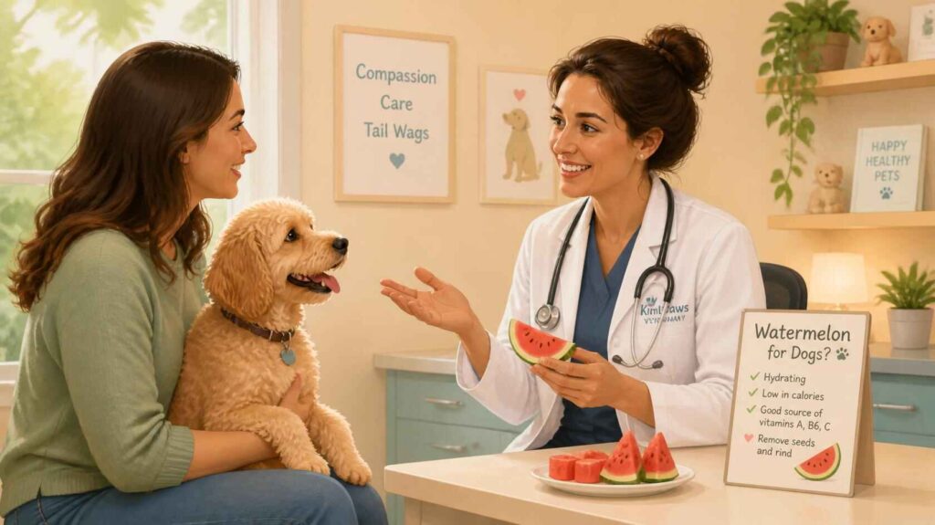 Dog owner discussing watermelon feeding concerns with a veterinarian in a calm setting