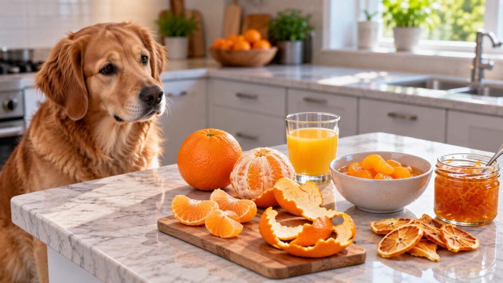 Dog beside fresh orange segments, orange peel, juice, canned mandarins, dried orange and marmalade.