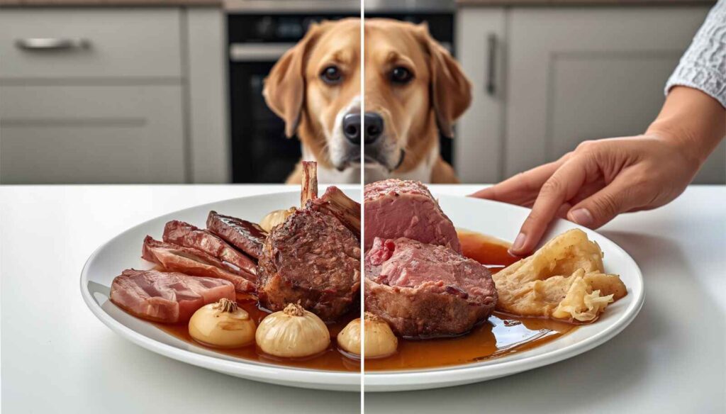 Plain cooked lamb compared with fatty scraps, lamb bones, gravy, onion and garlic unsafe for dogs