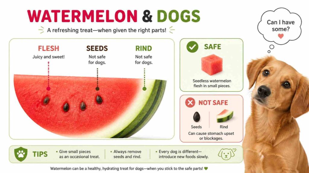 Watermelon flesh seeds and rind displayed beside a curious dog in an educational layout