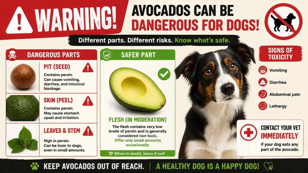 Different avocado parts including pit, skin, and flesh displayed beside a dog with warning symbols