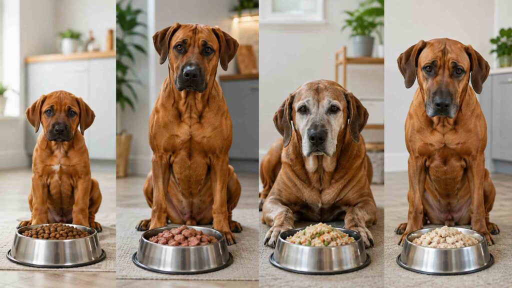 Comparison of suitable food types for Rhodesian Ridgebacks, including dry kibble, wet food and fresh commercial meals.