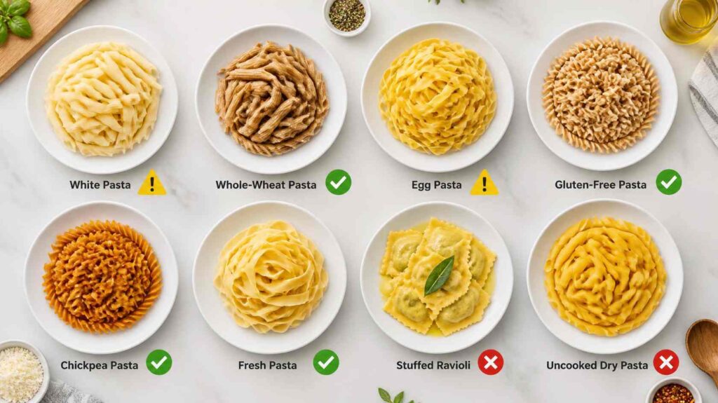 Different types of cooked pasta displayed to compare which options are safer for dogs