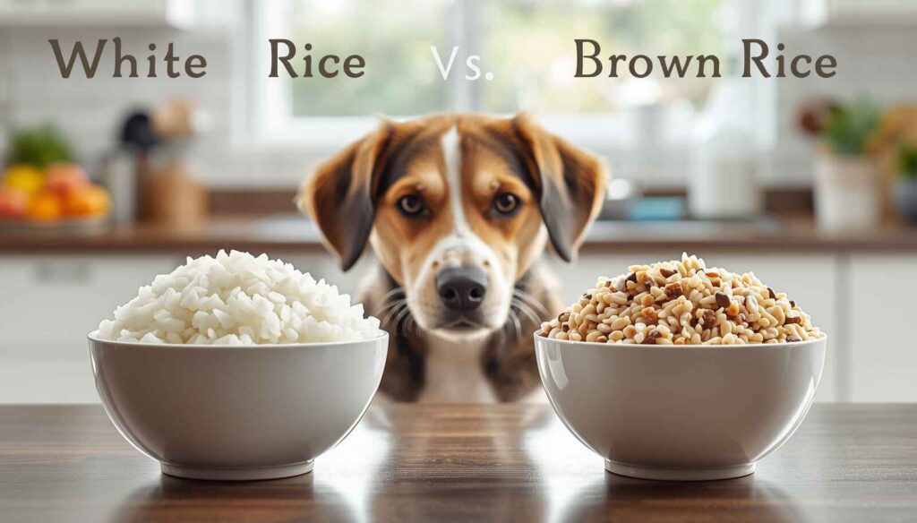 White rice vs brown rice comparison in bowls for dogs nutrition and digestion