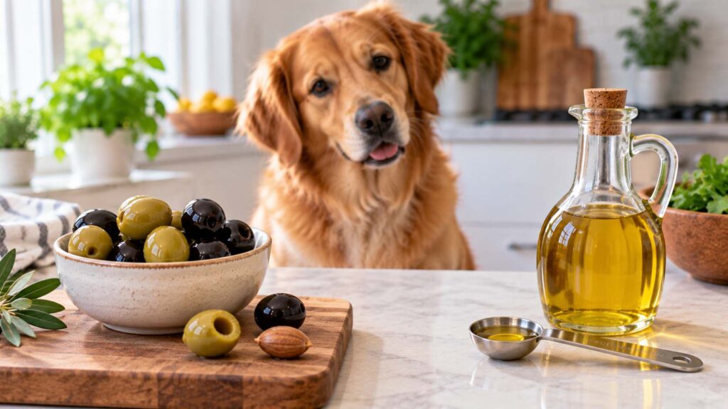 Whole pitted olives and olive oil compared beside a dog in a kitchen