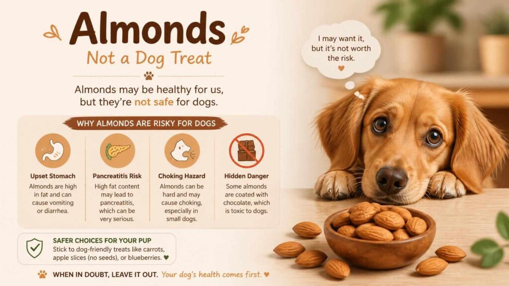 Almonds with warning symbols beside a concerned dog in an educational pet safety setting