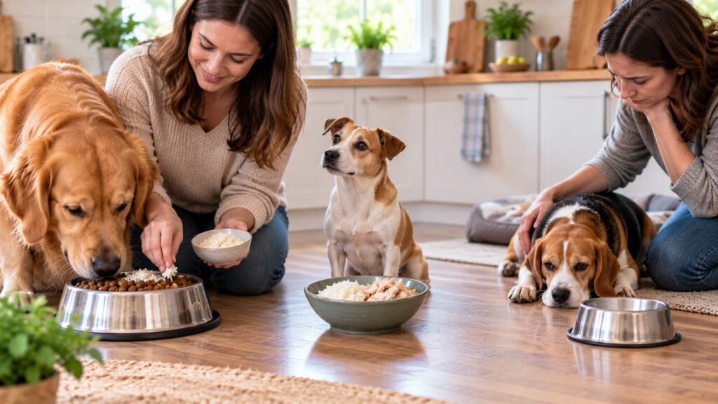 Dog feeding situations showing rice as a topper, chicken and rice, and a dog with digestive upset