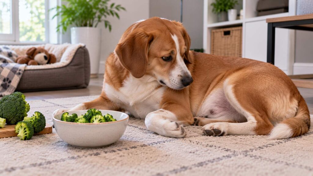 Dog resting beside plain broccoli while showing subtle signs of mild digestive discomfort