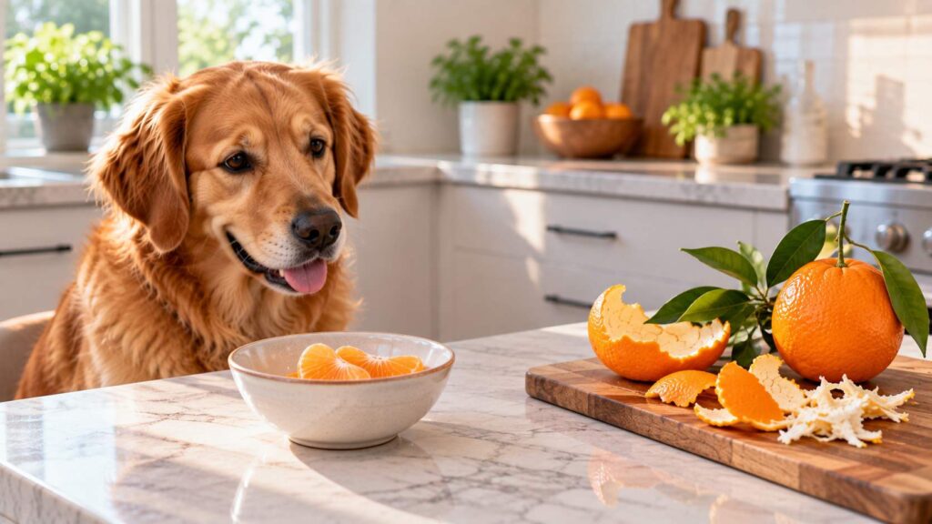 Dog beside peeled orange flesh separated from orange rind, whole citrus fruit and leaves.