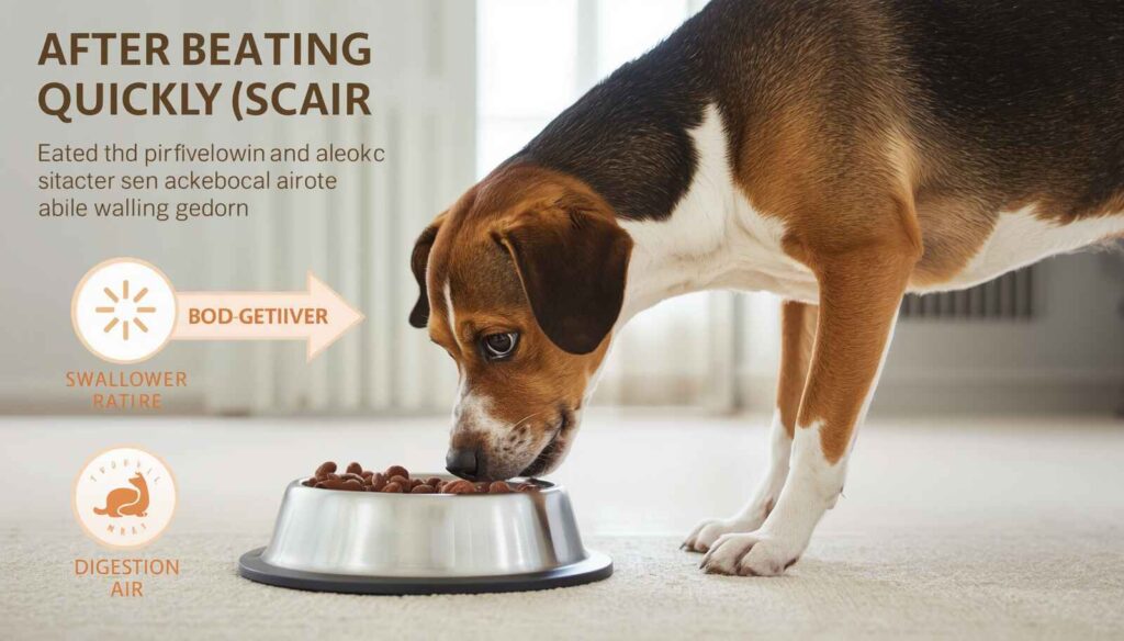Dog eating quickly from a food bowl with digestive infographic elements