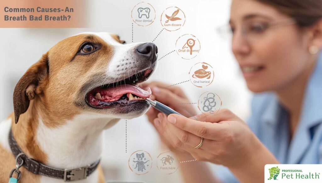 Dog with dental plaque and tartar buildup causing bad breath