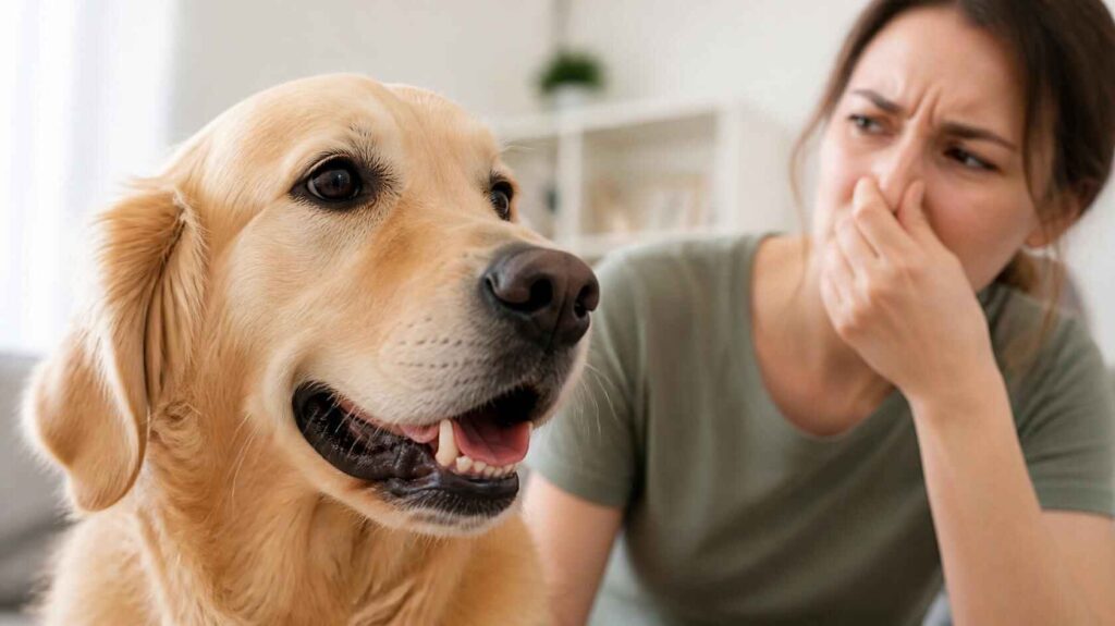 Dog with open mouth while owner reacts to fishy bad breath indoors.