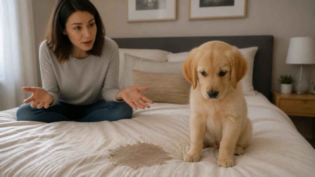 Confused puppy sitting on a bed after peeing indoors in a bedroom.