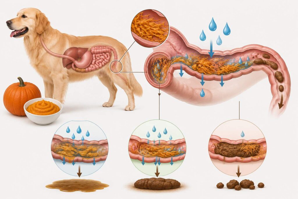 Veterinary illustration showing pumpkin fibre, water and stool consistency in a dog’s digestive system