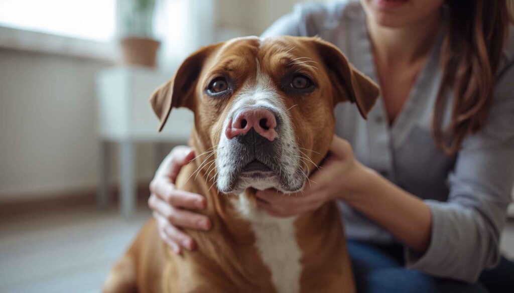 Dog with a mildly runny nose sitting indoors while owner looks concerned