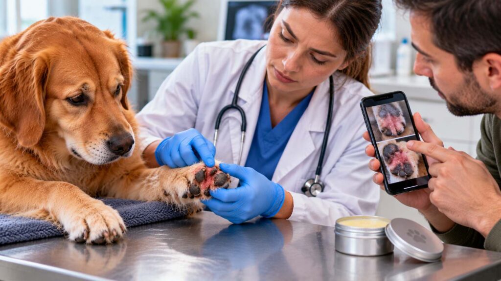 Veterinarian examining a dog's repeatedly irritated paw while the owner shows previous photos on a phone.