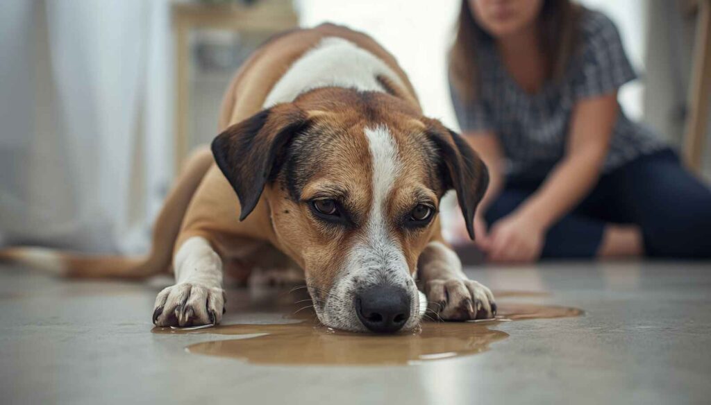 Dog vomiting clear liquid indoors while looking tired and uncomfortable