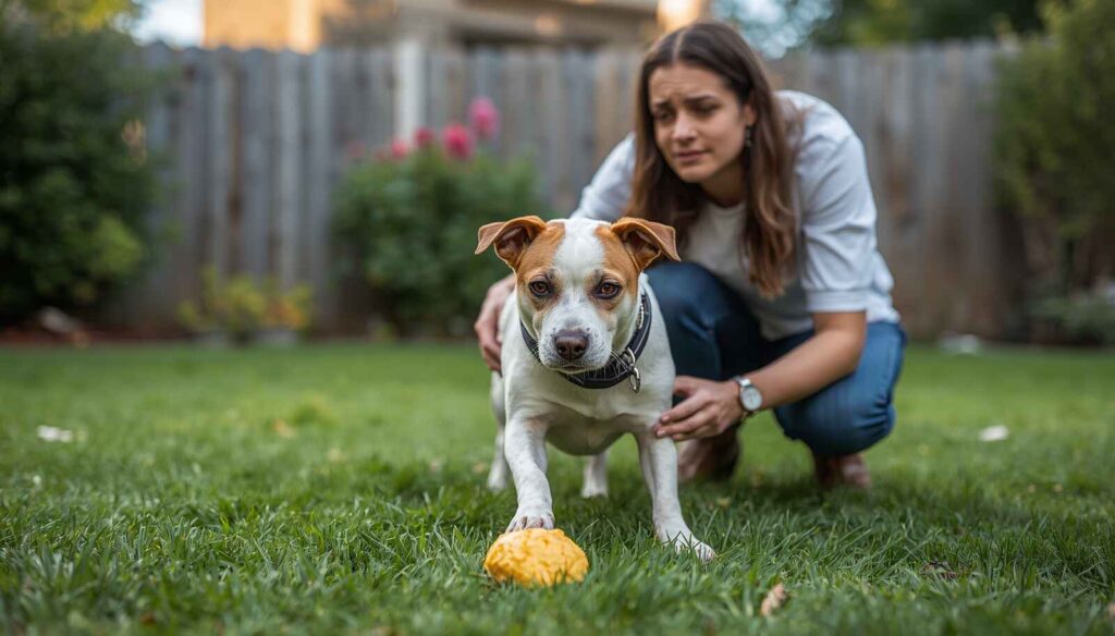 Dog owner checking yellow dog poop in backyard with concerned expression