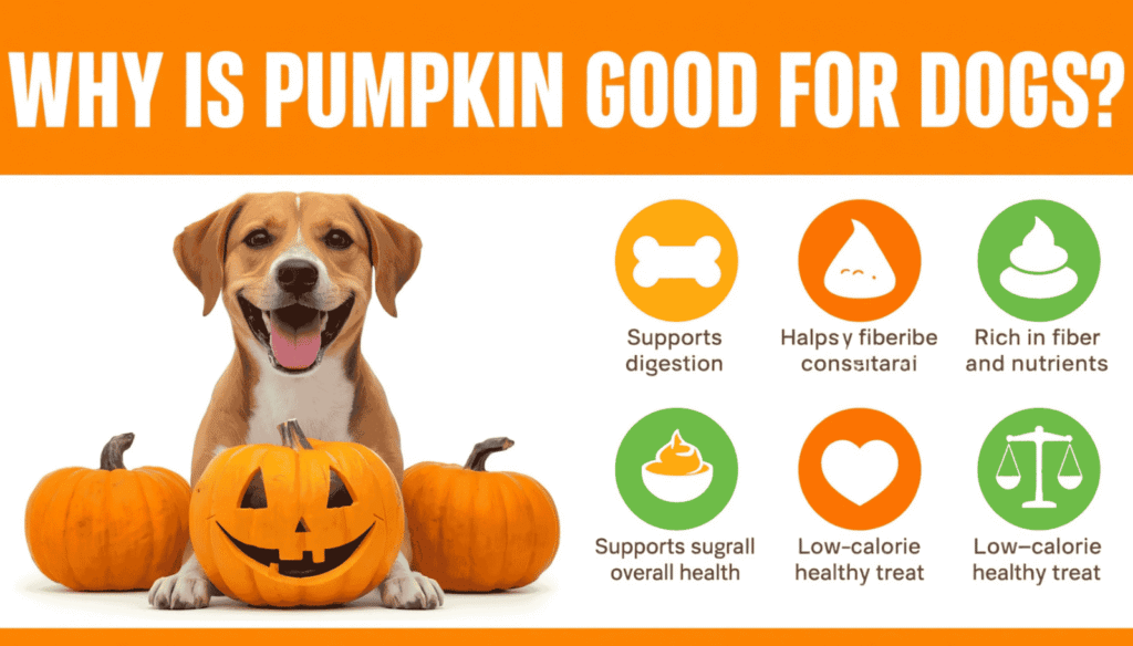 Dog with pumpkins and health icons showing digestion support, fiber, nutrients, and low-calorie benefits of pumpkin for dogs.