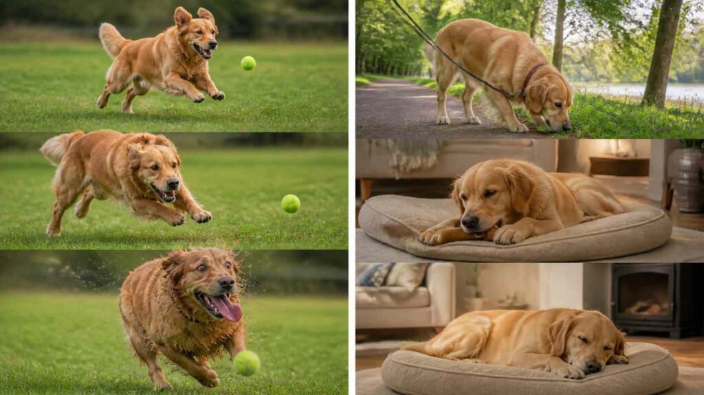 Split comparison of a dog becoming overstimulated from endless fetch versus relaxing after a calm sniff walk and quiet recovery.