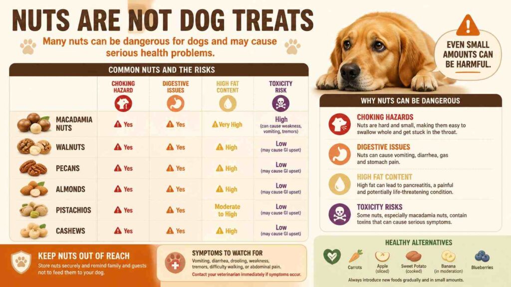 Can dogs eat nuts without health problems showing warning signs beside different types of nuts