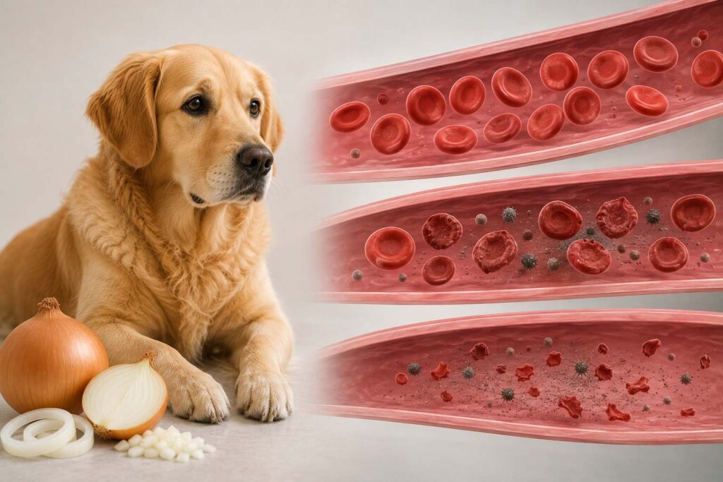Veterinary illustration showing healthy red blood cells and cells damaged after onion exposure in a dog.