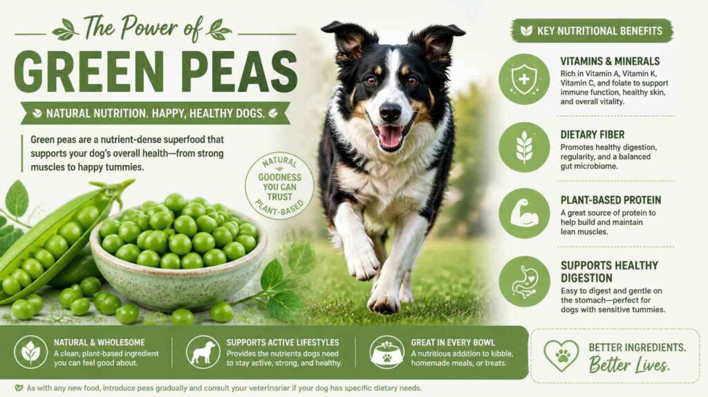 Healthy dog with green peas showing vitamins fiber and protein benefits for dogs