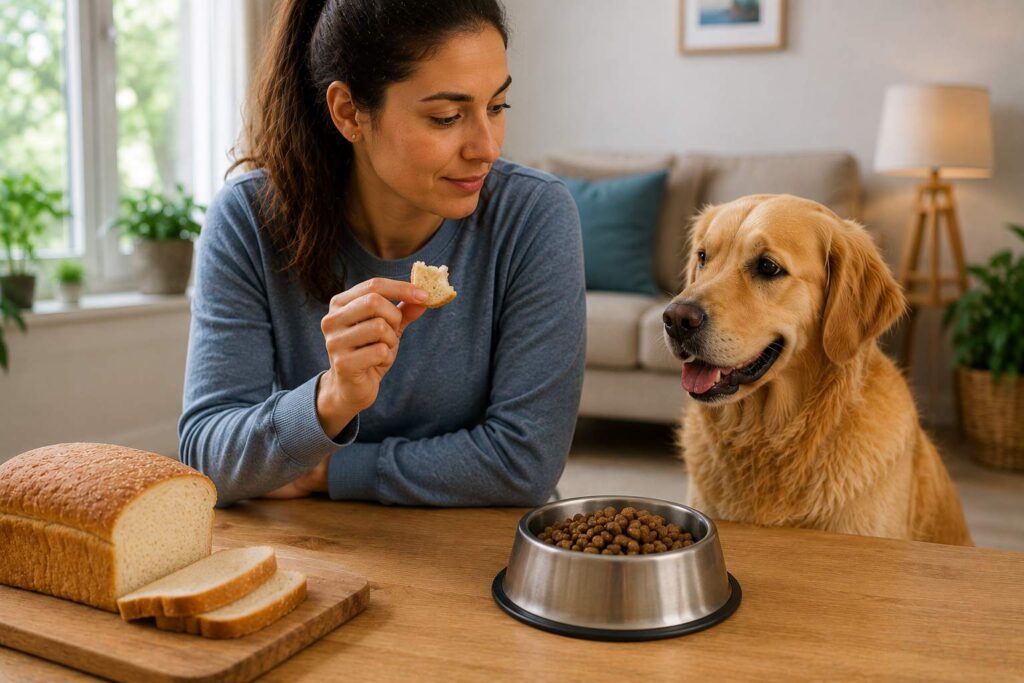 Healthy dog beside balanced dog food while owner holds a small piece of plain bread