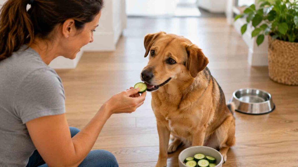 Can dogs eat cucumber as a treat? A dog receives a small piece of plain fresh cucumber from its owner.