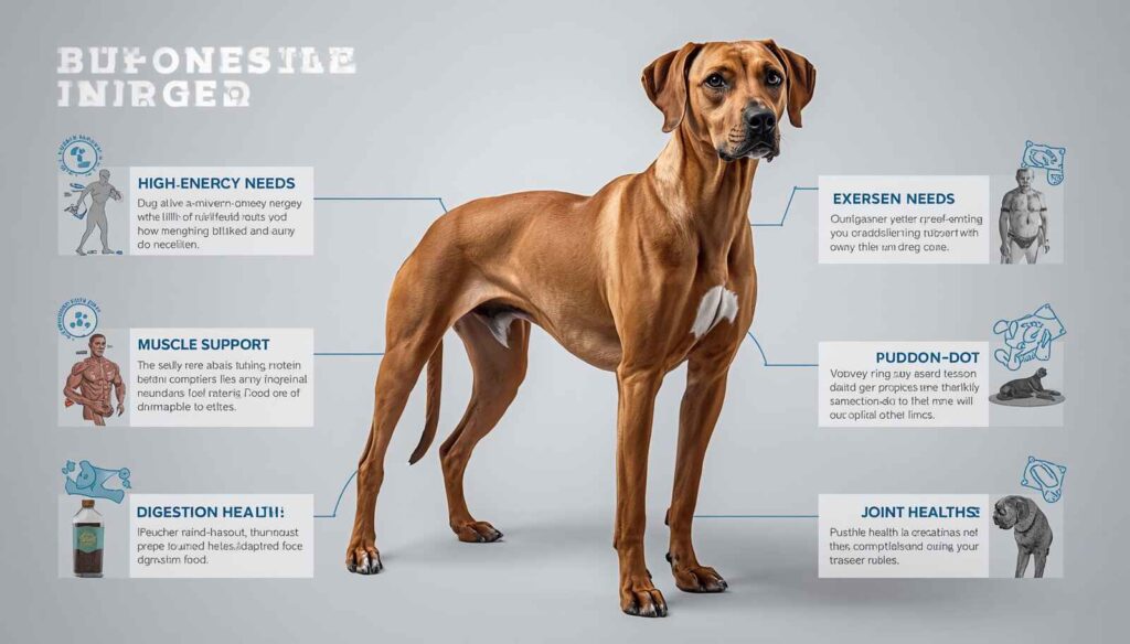 Athletic Rhodesian Ridgeback with infographic about special dietary needs and nutrition