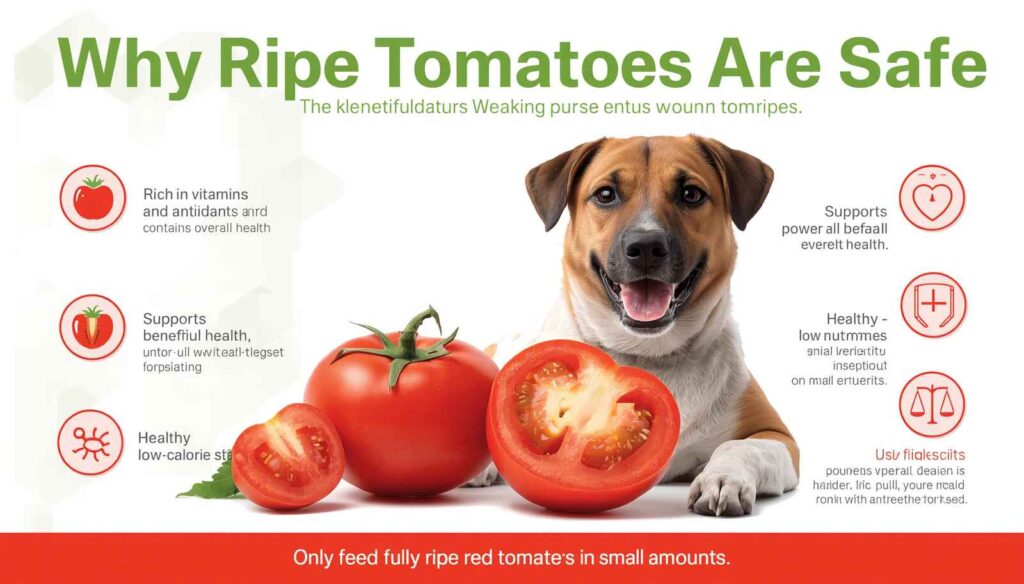 Dog beside sliced ripe tomatoes with health icons showing vitamins, antioxidants, and nutritional benefits for dogs.