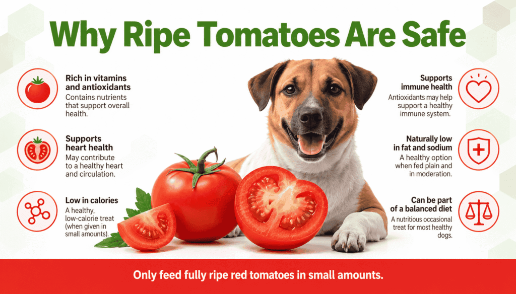 Can dogs eat tomatoes? Dog beside sliced ripe tomatoes with icons representing vitamins and antioxidants.