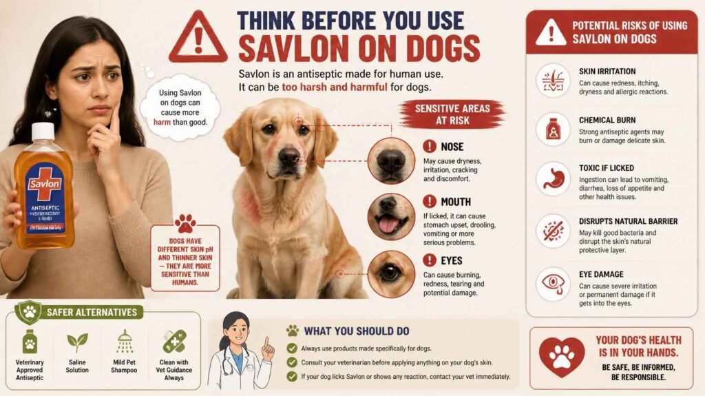 Warning infographic showing risks of using Savlon antiseptic on dogs with irritated skin.