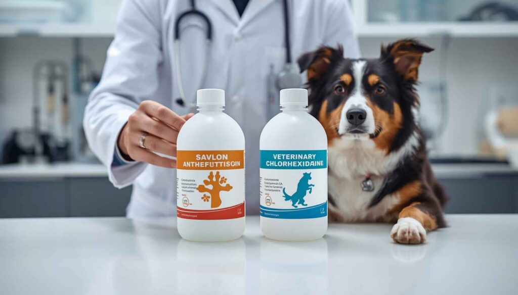 Veterinarian comparing human Savlon with veterinary chlorhexidine for safe dog wound care.