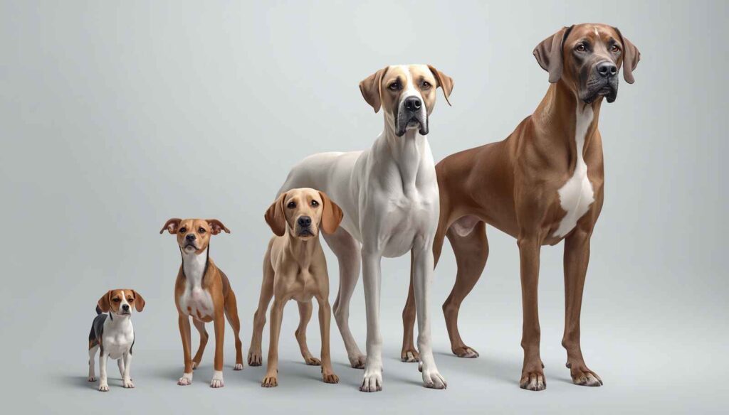 Chihuahua, Beagle, Labrador and Great Dane showing different puppy growth rates by breed size