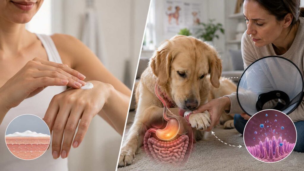 Dog licking Sudocrem from its paw showing why human creams can create different risks for dogs