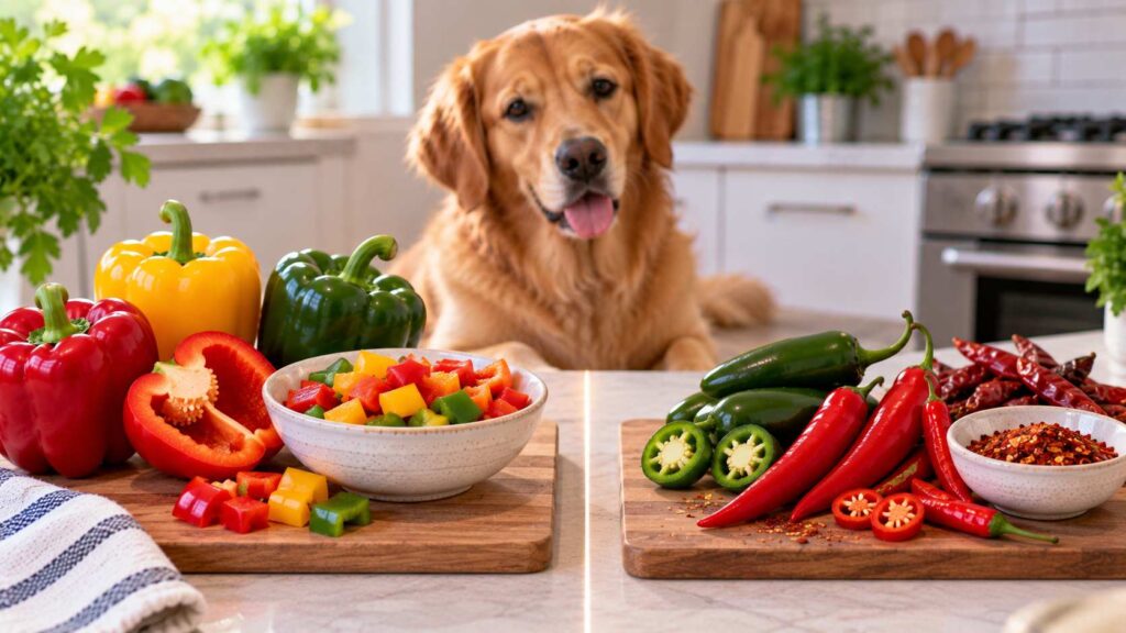Dog beside plain sweet bell peppers separated from jalapeños and hot red chillies