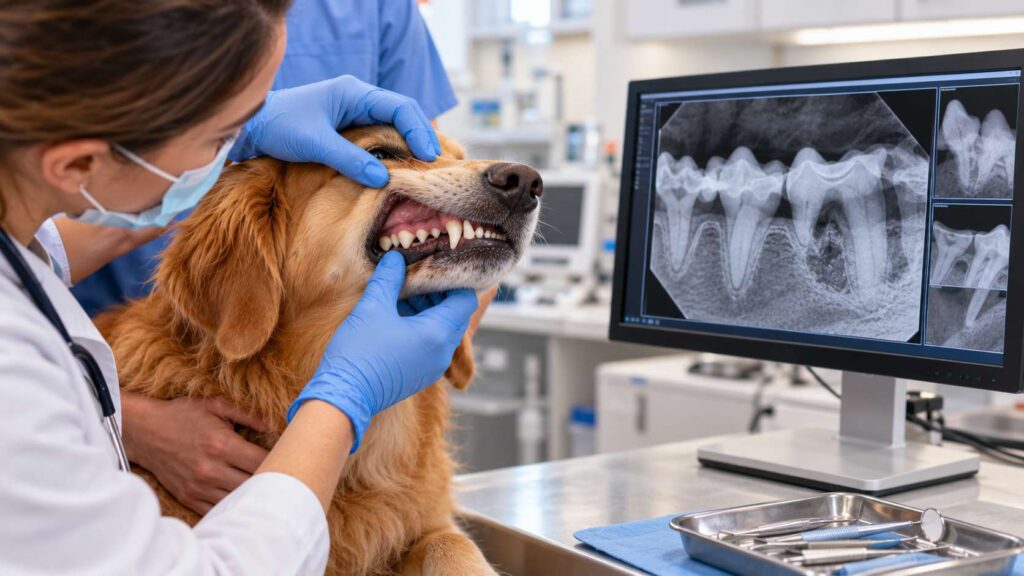 Veterinarian reviewing a dog's dental X-ray to assess problems below the gumline
