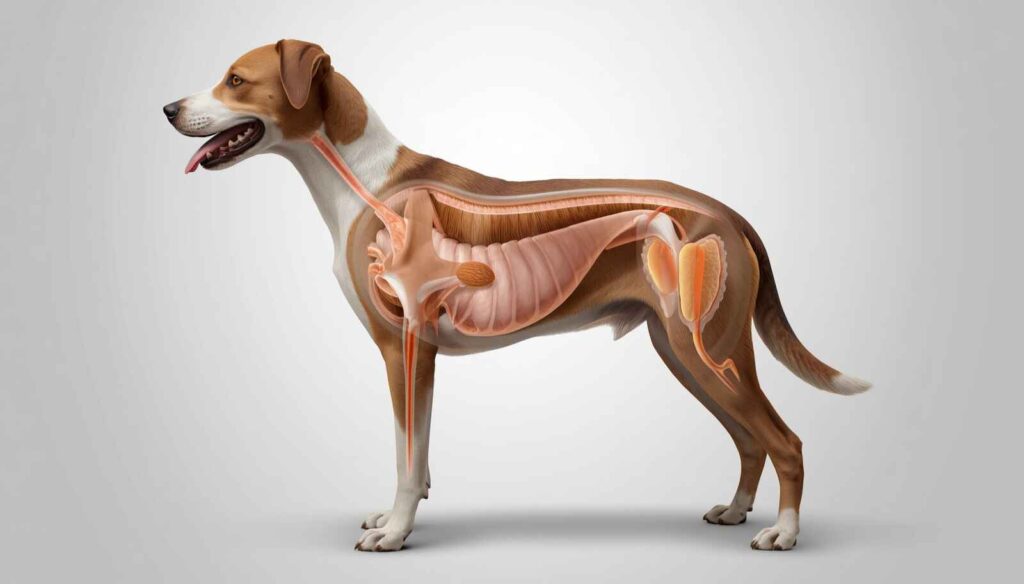 Veterinary illustration showing choking, digestive and intestinal risks of whole almonds for dogs