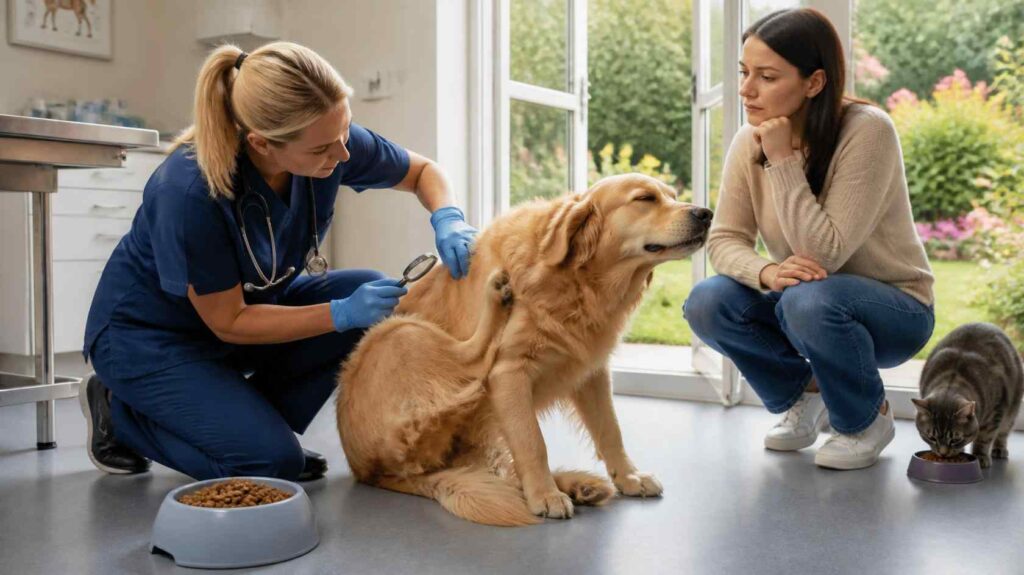 Golden Retriever continuing to scratch while a veterinarian investigates fleas, pollen, skin infection, and other possible causes.
