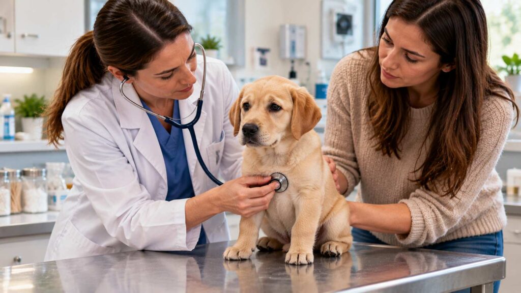 Veterinarian gently examining a young Labrador puppy on a veterinary examination table.