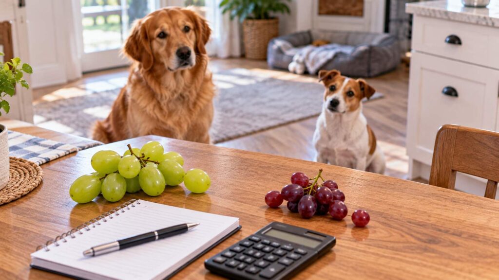 Can Dogs Eat Grapes safety concept showing different-sized dogs and grapes with a calculator