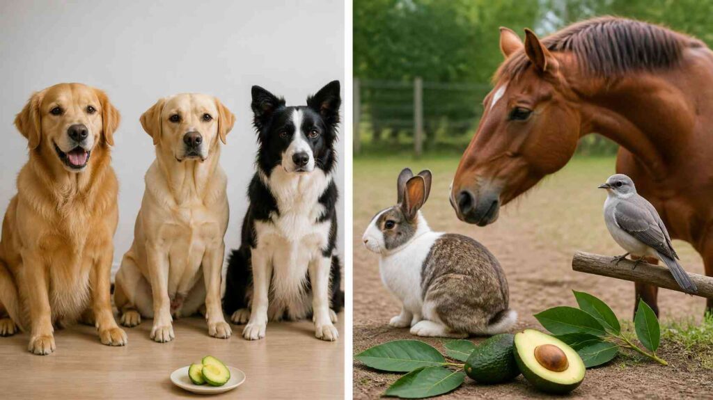 Healthy dog compared with a rabbit, horse, and bird to illustrate that different animal species react differently to avocado.