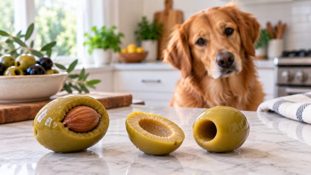 Whole olive with hard pit beside a safely pitted olive for dog safety comparison