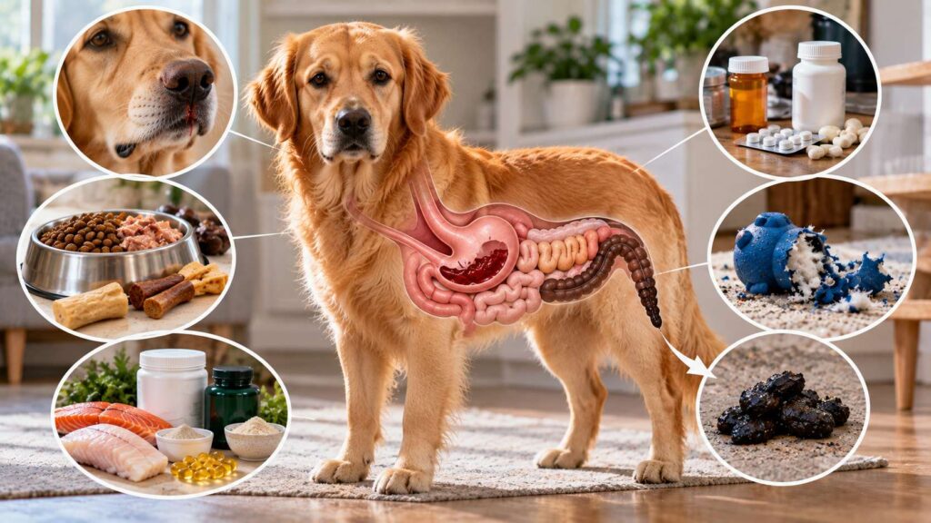 Why Is My Dog's Poop Black? Dog with food, supplements and medications representing possible causes of dark or black stool.